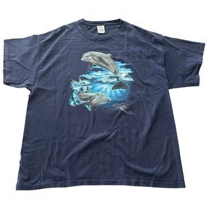 Vintage Dolphins Swimming Short Sleeve Shirt XL Navy Nature Ocean Y2K Delta‎ Pro